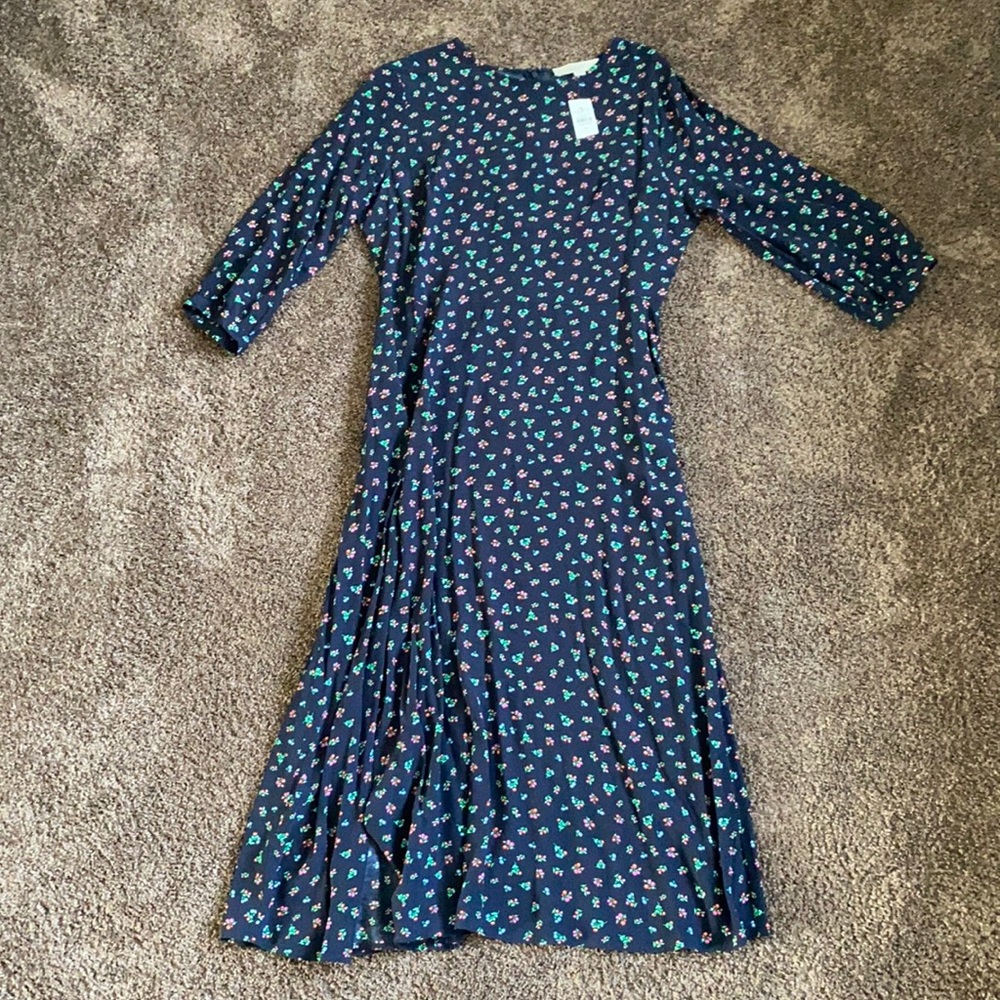 NWT LOFT High Neck Navy Blue and Red Floral Quarter Sleeve Midi Dress